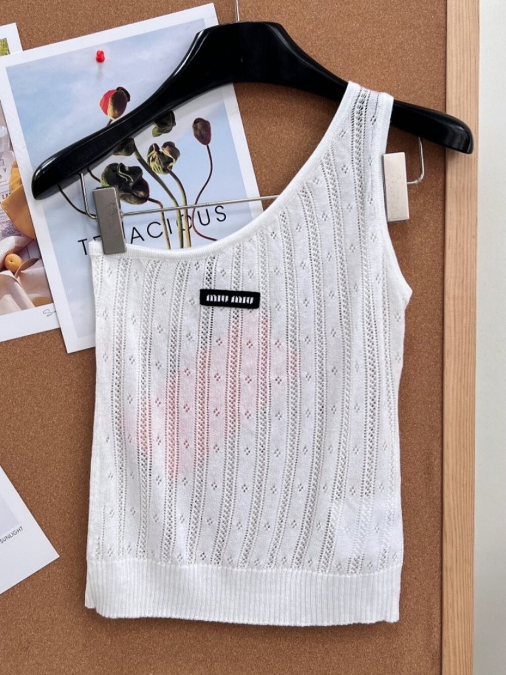 Miu Miu White Open Knit Sleeveless Cropped Tank Top Logo Label